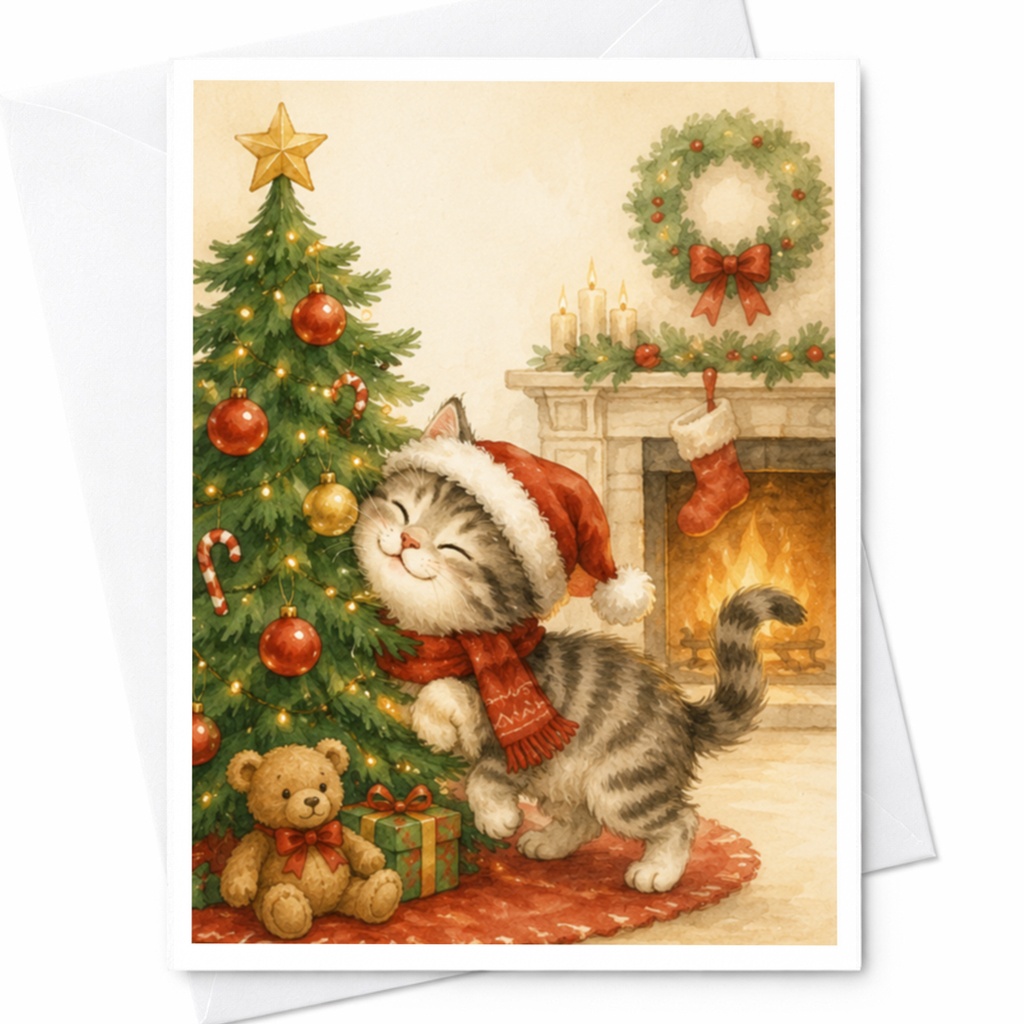 Cat In Santa Hat Christmas Greeting Card Cute Holiday Card For Cat Lovers Festive Xmas Card With Tree And Fireplace Scene C4376