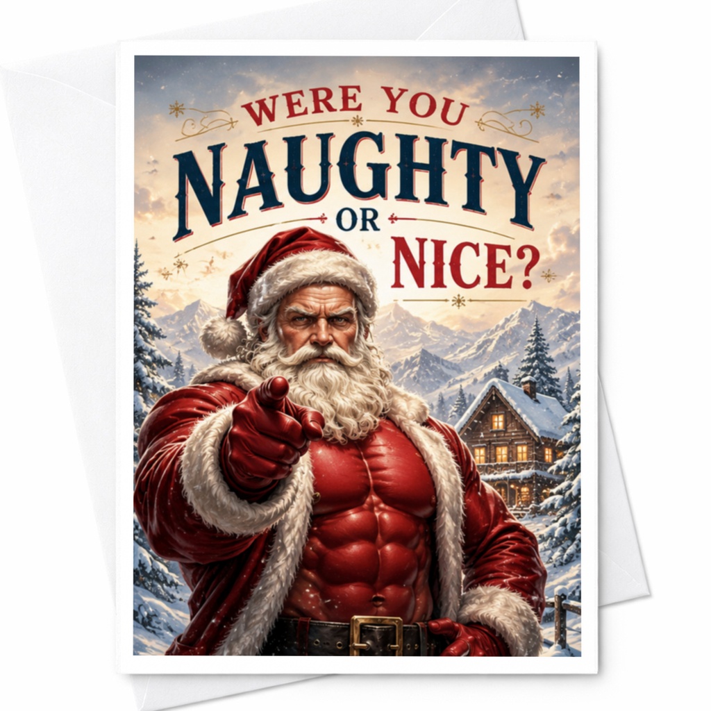 Were You Naughty Or Nice? Funny Christmas Card Muscular Santa Claus Holiday Greeting Card For Him Xmas Card C4377