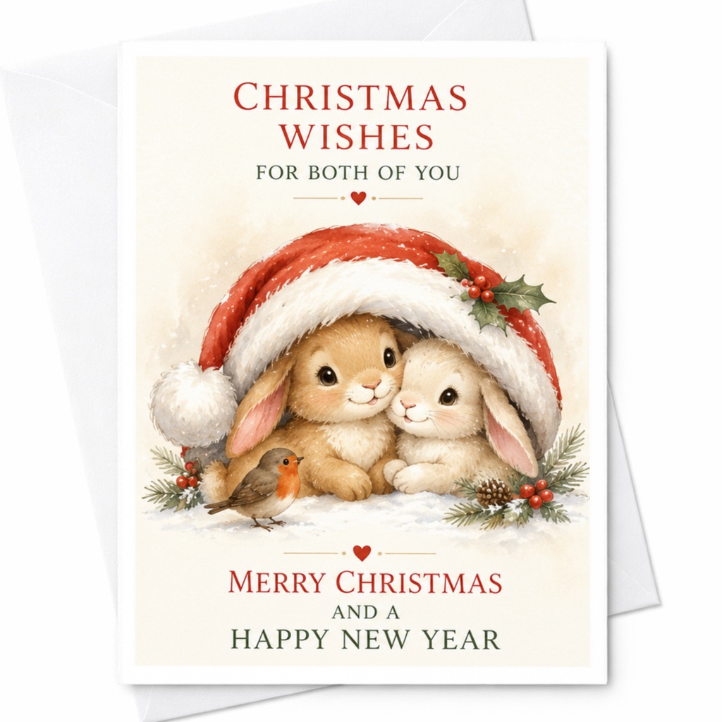 Christmas Wishes For Both Of You Merry Christmas And A Happy New Year Christmas Card Cute Bunnies Holiday Greeting For Couple C4352