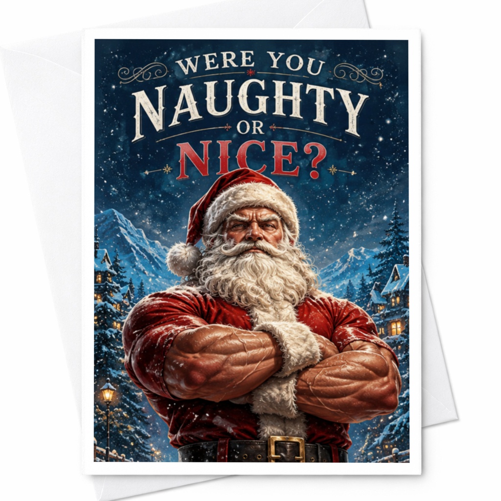 Were You Naughty Or Nice? Funny Christmas Card Muscular Santa Claus Holiday Greeting Card For Him Festive Xmas Card C4378