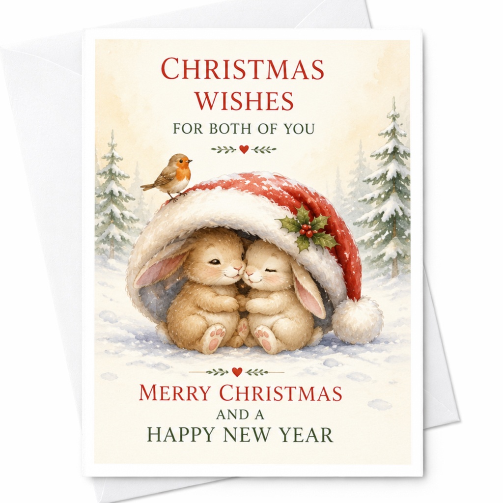 Christmas Wishes For Both Of You Merry Christmas And A Happy New Year Cute Christmas Card Bunnies Under Santa Hat Holiday Greeting C4353