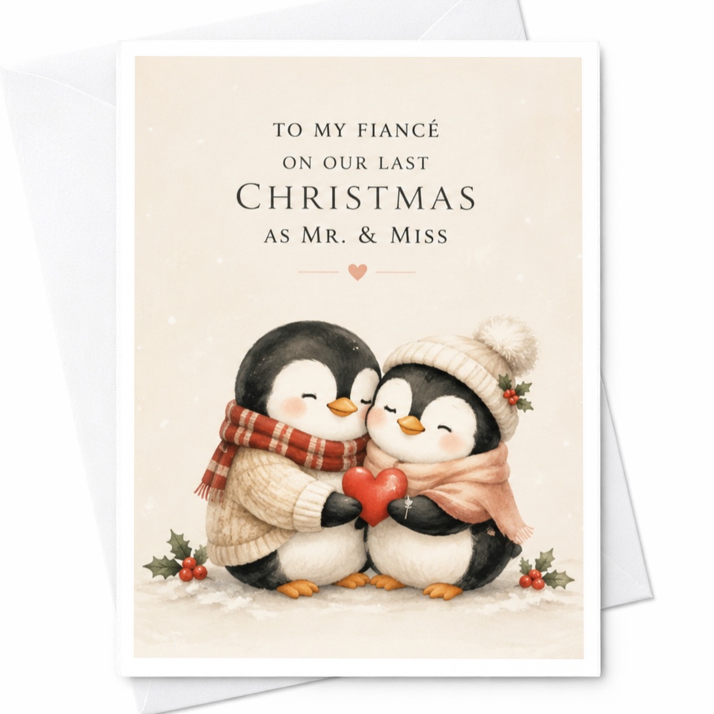 To My Fiancé On Our Last Christmas As Mr. & Miss Cute Christmas Card For Fiance Penguin Couple Love Card Romantic Holiday Card C4356