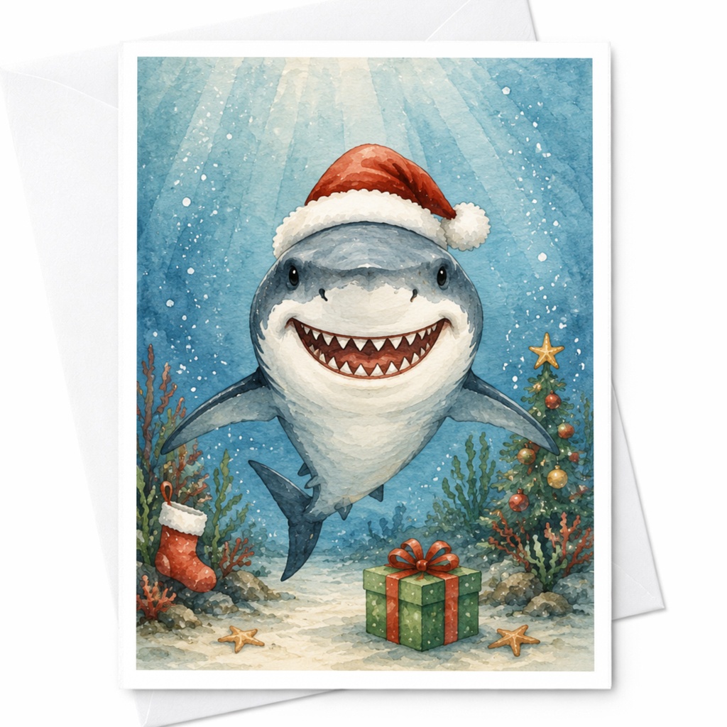 Shark Christmas Birthday Card Underwater Santa Hat Holiday Greeting Card For December Birthdays Fun Festive Ocean Theme C4383