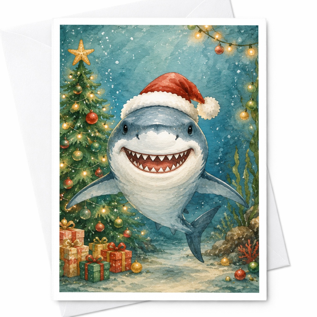 Shark Christmas Birthday Card Cute Holiday Greeting Card December Birthday Card Santa Hat Christmas Tree Ocean Theme C4384