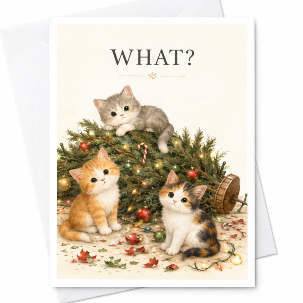 What? Funny Christmas Card Cute Kittens Holiday Greeting Card Cat Lover Xmas Card Adorable Cats Festive Card For Friend C4359