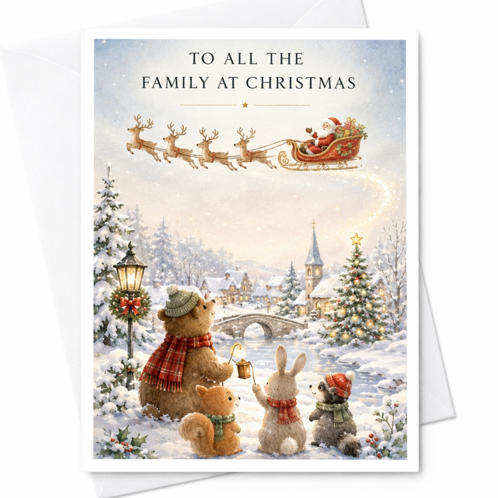 To All The Family At Christmas Santa Sleigh Christmas Card Cute Forest Animals Holiday Greeting Card For Family Festive Scene C4361