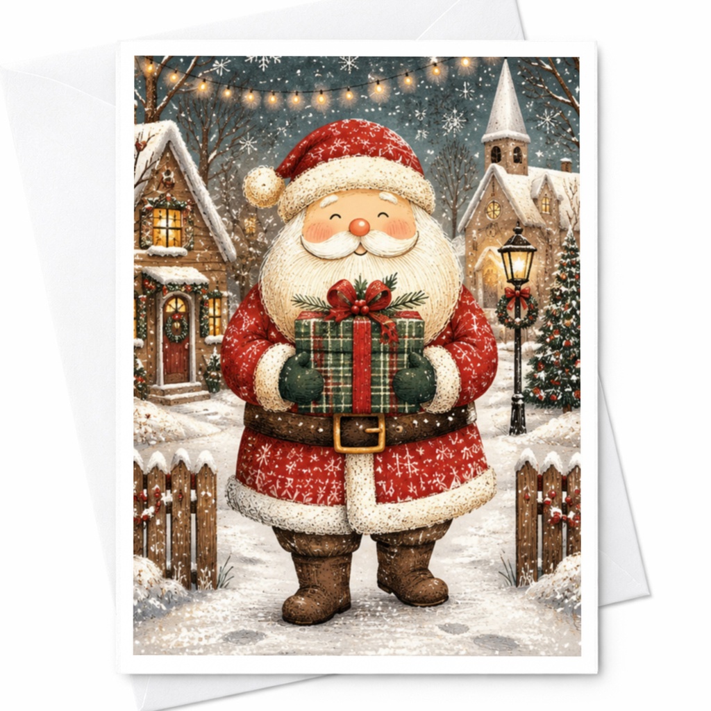 Santa Christmas Card Charming Holiday Greeting Card For Family Festive Santa With Gift Winter Scene Christmas Card C4363