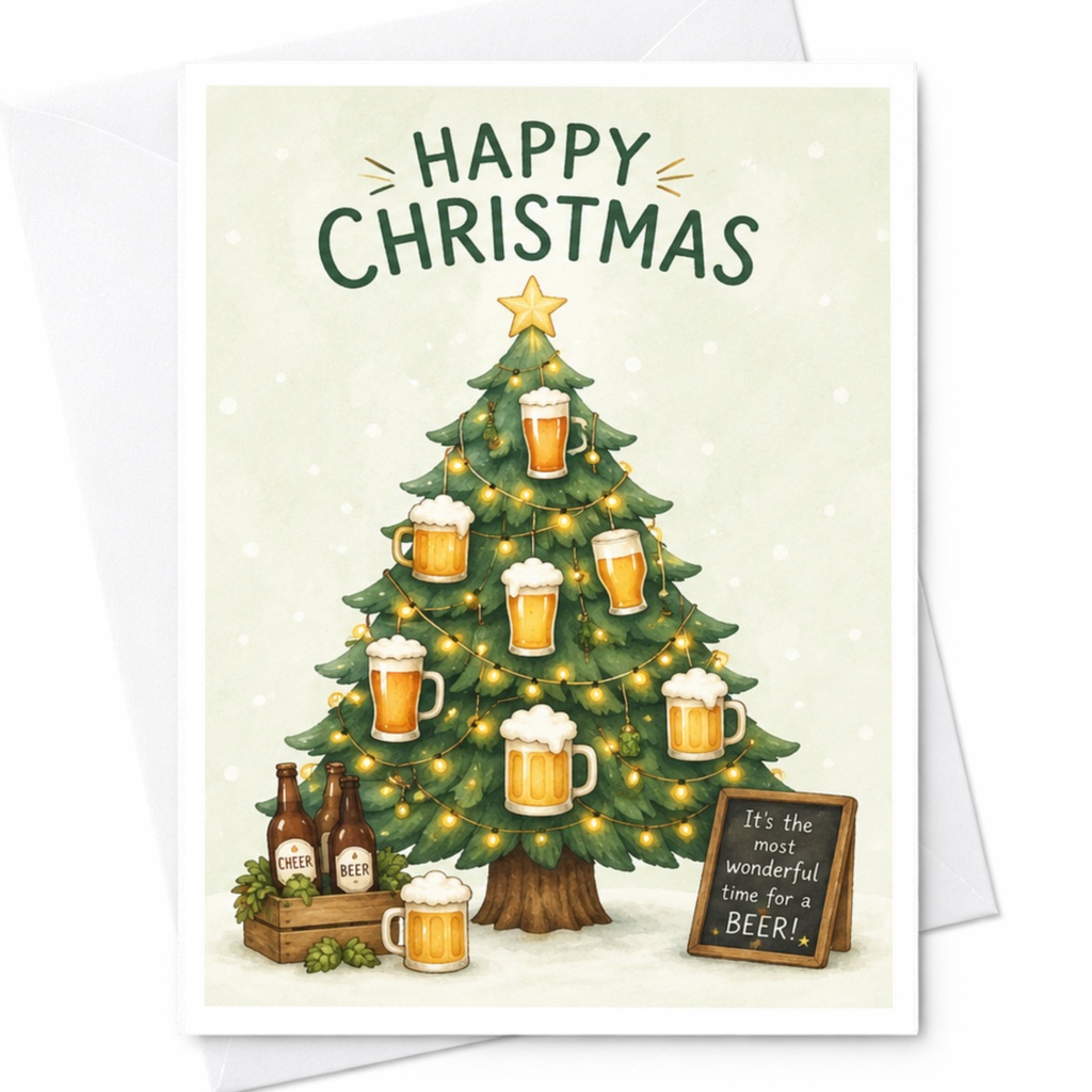 Happy Christmas Funny Beer Christmas Card Holiday Greeting Card For Beer Lover Festive Tree With Beer Mugs C4390