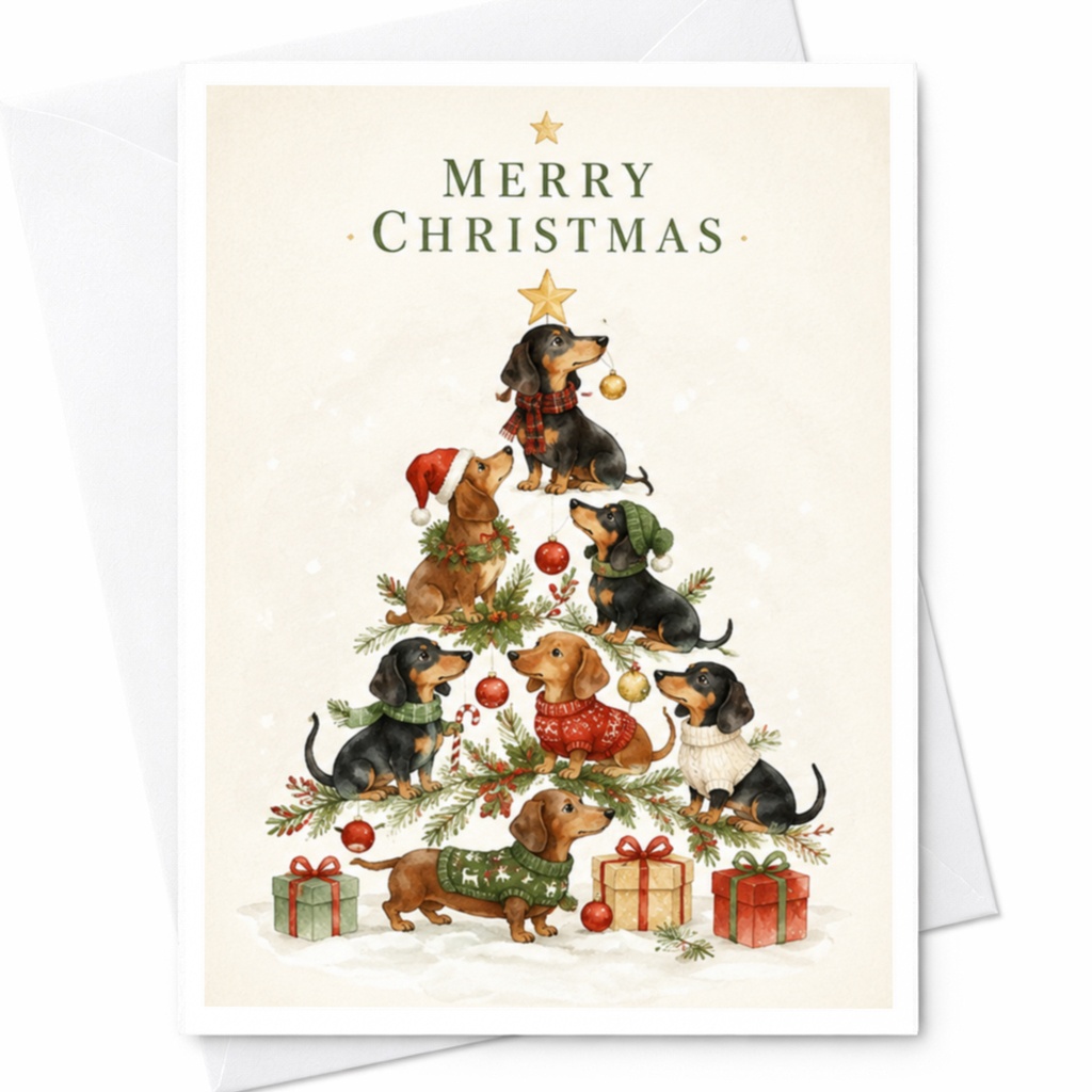 Merry Christmas Dachshund Tree Card Cute Holiday Greeting Card For Dog Lovers Festive Christmas Card With Dogs C4391