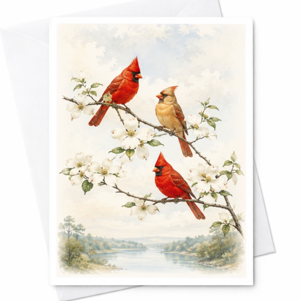 Cardinals On Flowering Branch Christmas Card Nature Inspired Greeting Card For Bird Lover Holiday Card Winter Scene C4366