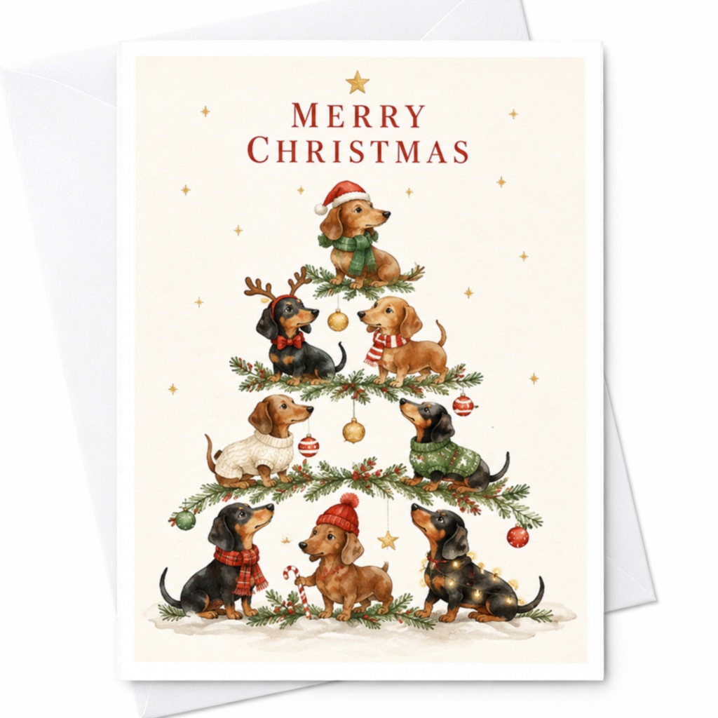 Merry Christmas Cute Dachshund Christmas Card Festive Holiday Greeting Card Dog Lover Xmas Card Adorable Puppy C4392