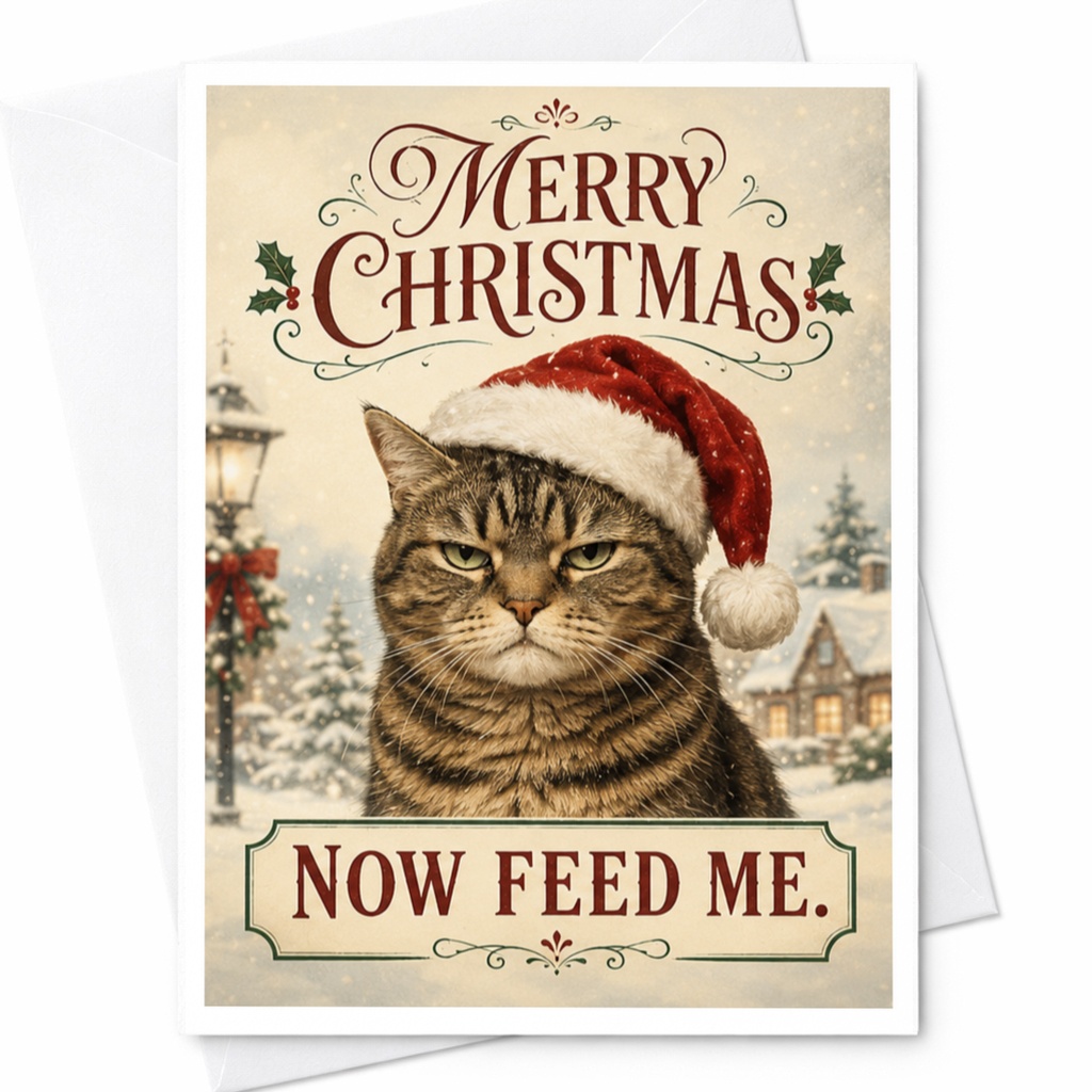 Merry Christmas Now Feed Me Funny Cat Christmas Card Cute Holiday Greeting Card For Cat Lover Festive Card C4393