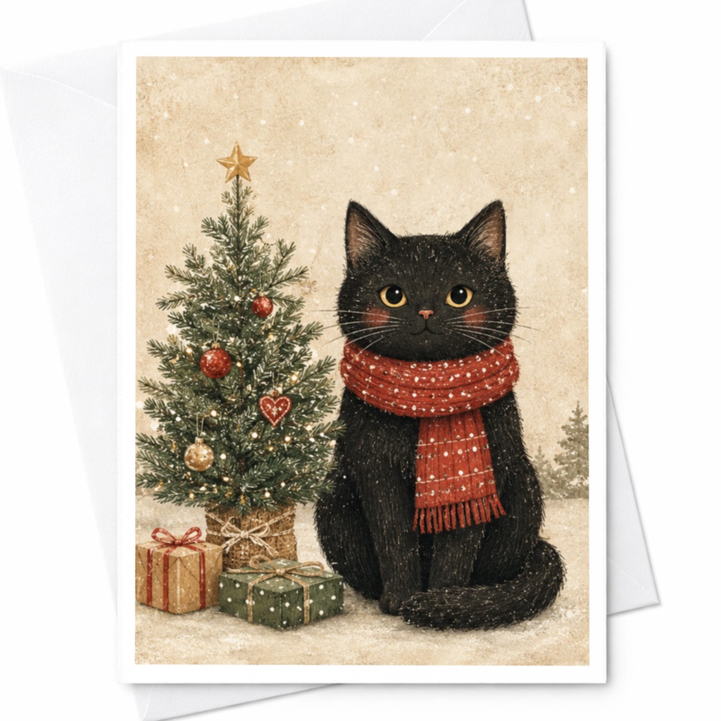 Black Cat Christmas Card Cute Holiday Greeting Card For Cat Lover Festive Winter Scene With Tree And Gifts Animal Lover C4395