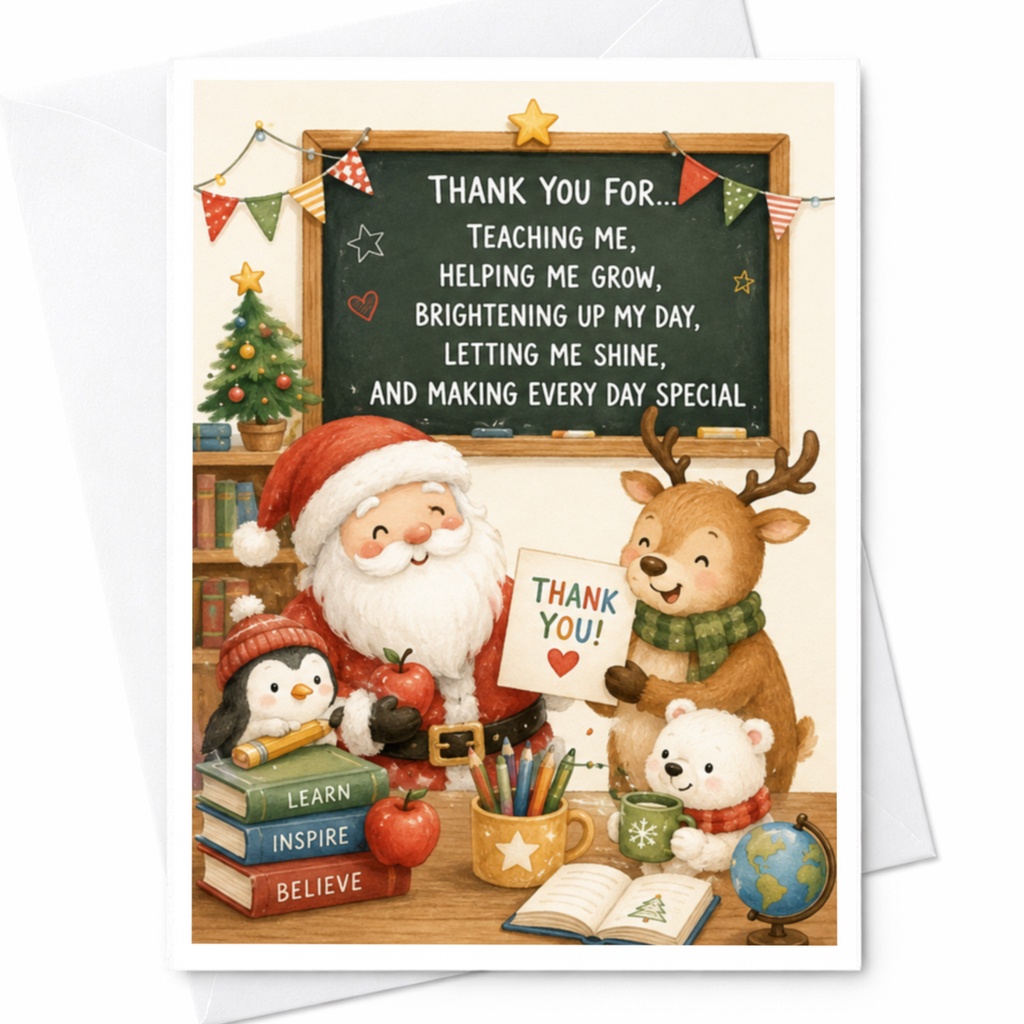 Thank You For Teaching Me Helping Me Grow Christmas Thank You Card Santa Reindeer Teacher Appreciation Holiday Card C4370