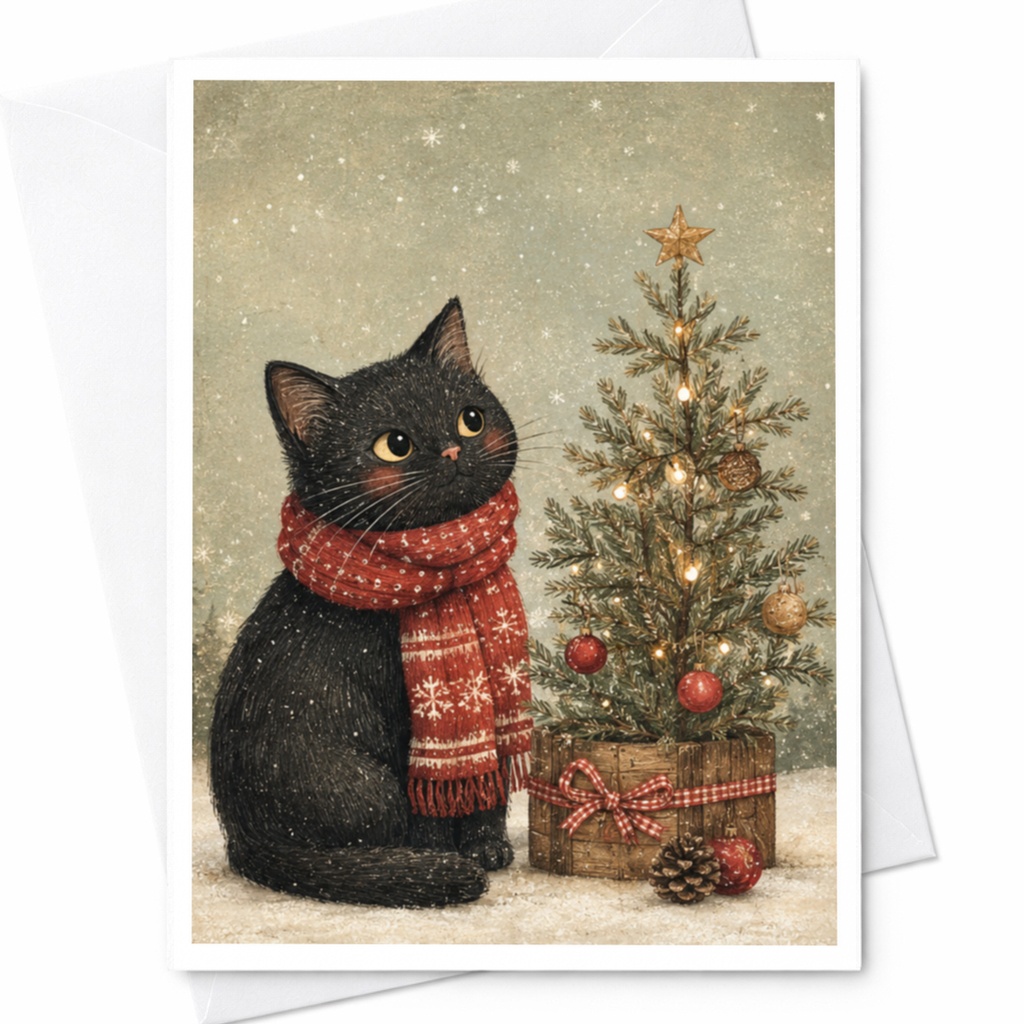 Cat With Christmas Tree Card Cute Holiday Greeting Card For Cat Lovers Festive Winter Scene Christmas Card For Friends Family C4396