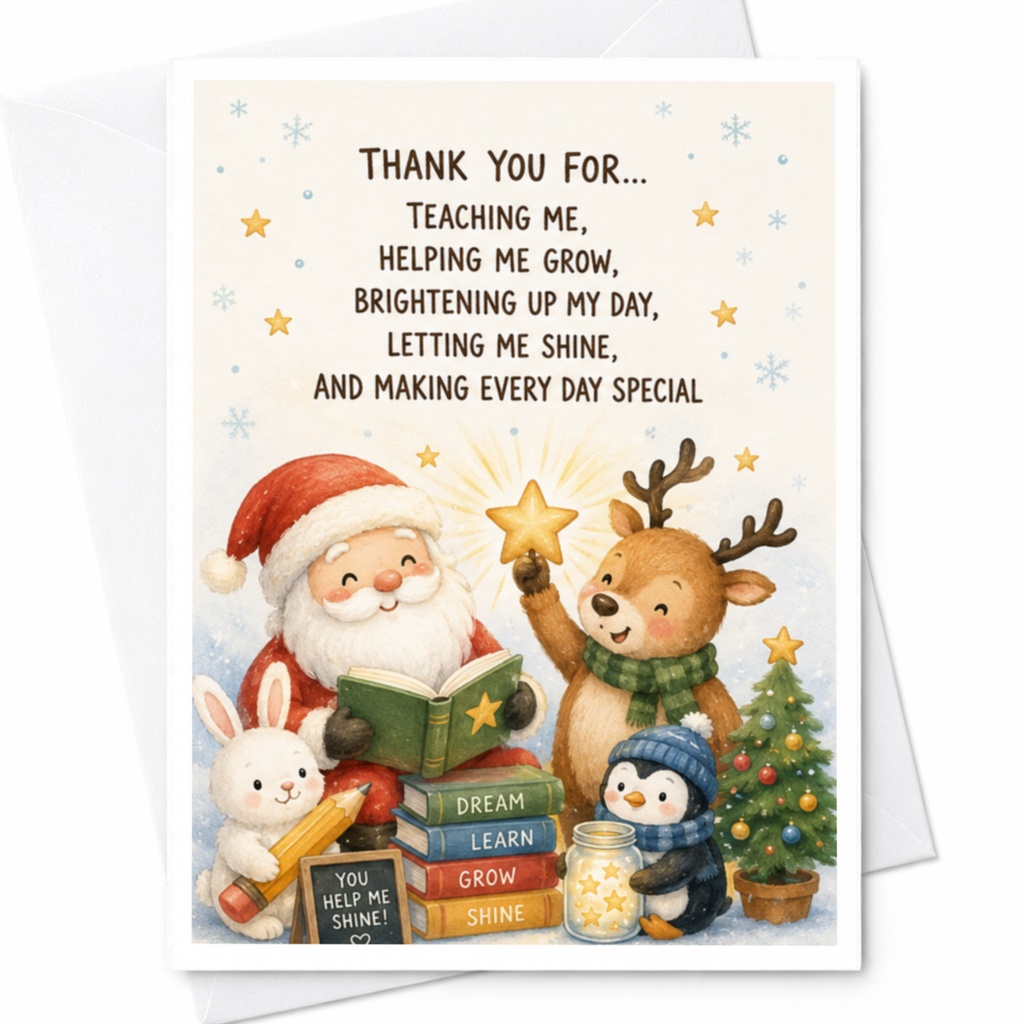 Thank You For Teaching Me Helping Me Grow Christmas Thank You Card Santa And Friends Cute Holiday Card Teacher Appreciation C4371