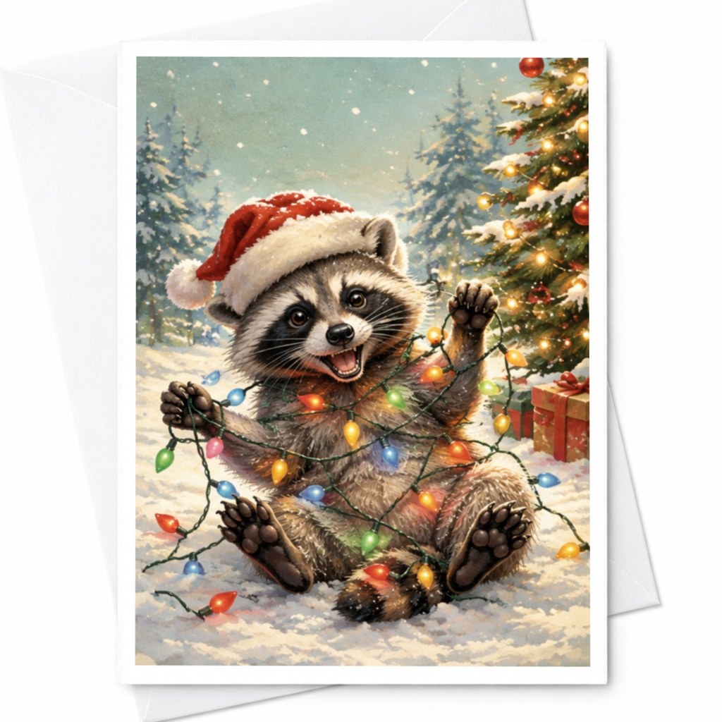 Raccoon Christmas Card Cute Animal Holiday Greeting Card Festive Lights Winter Scene For Family Friends Kids C4397