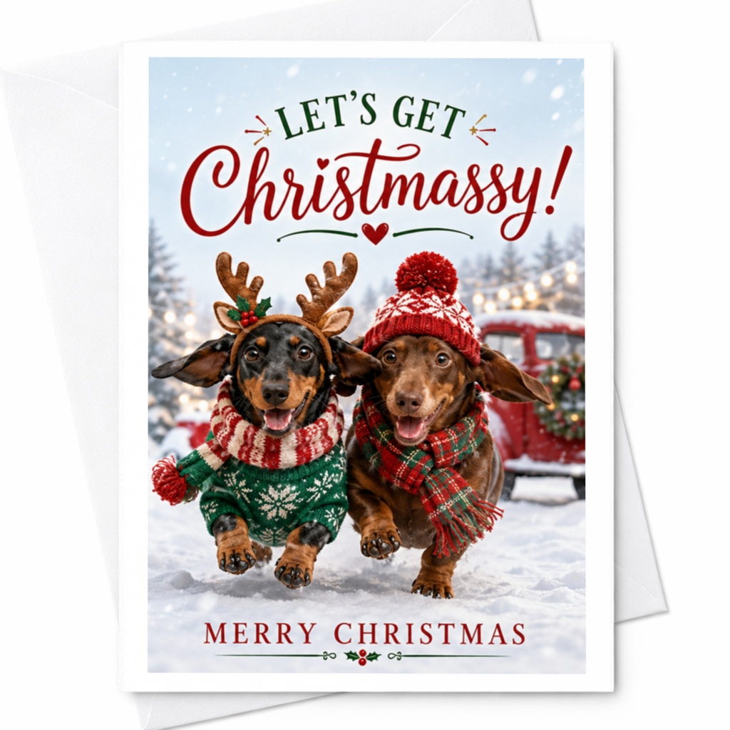 Let's Get Christmassy! Merry Christmas Funny Christmas Card Dogs In Holiday Sweaters Cute Animal Greeting Card For Dog Lovers C4374