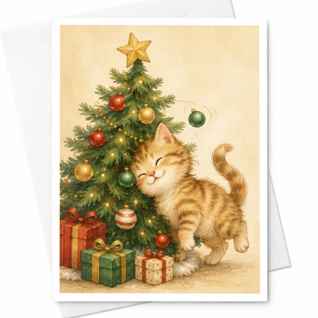 Cute Cat Christmas Card Festive Holiday Greeting Card For Cat Lover Adorable Kitten With Tree And Gifts Xmas Card C4375