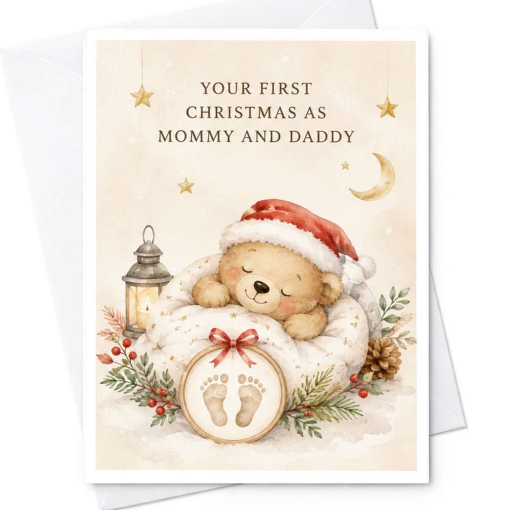 Your First Christmas As Mommy And Daddy First Christmas Card New Parents Footprint Keepsake Cute Teddy Bear Holiday Card C4402
