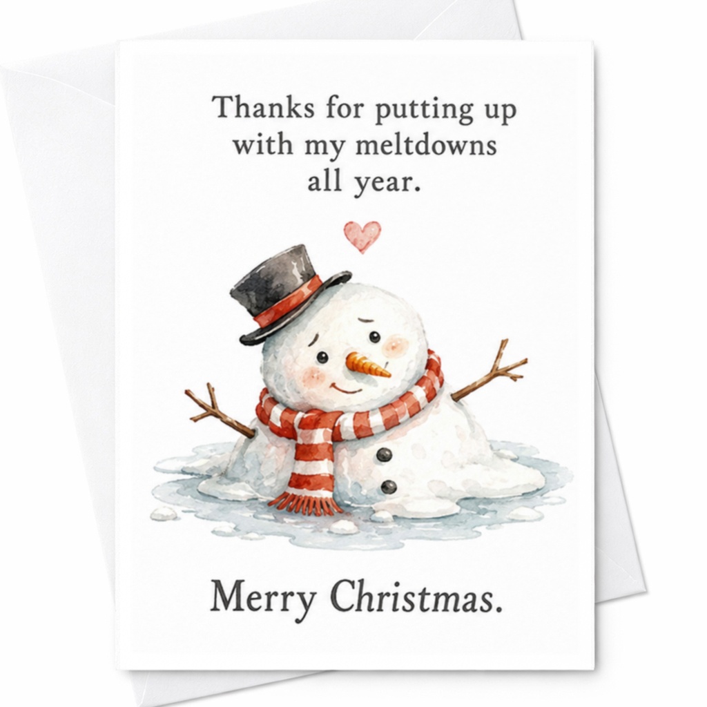 Thanks For Putting Up With My Meltdowns All Year. Merry Christmas. Funny Snowman Christmas Card Cute Holiday Greeting Card For Fri C4405