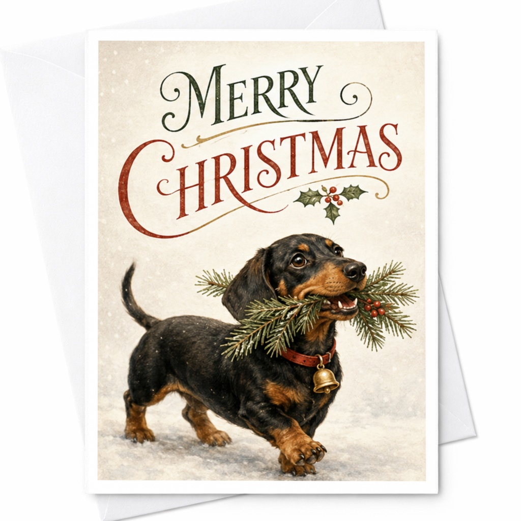 Merry Christmas Cute Dog Card Holiday Greeting Card For Dog Lovers Festive Christmas Card With Dachshund Puppy C4386
