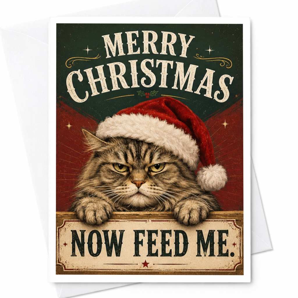 Merry Christmas Now Feed Me Funny Cat Christmas Card Cute Holiday Greeting For Cat Lovers Festive Card C4394