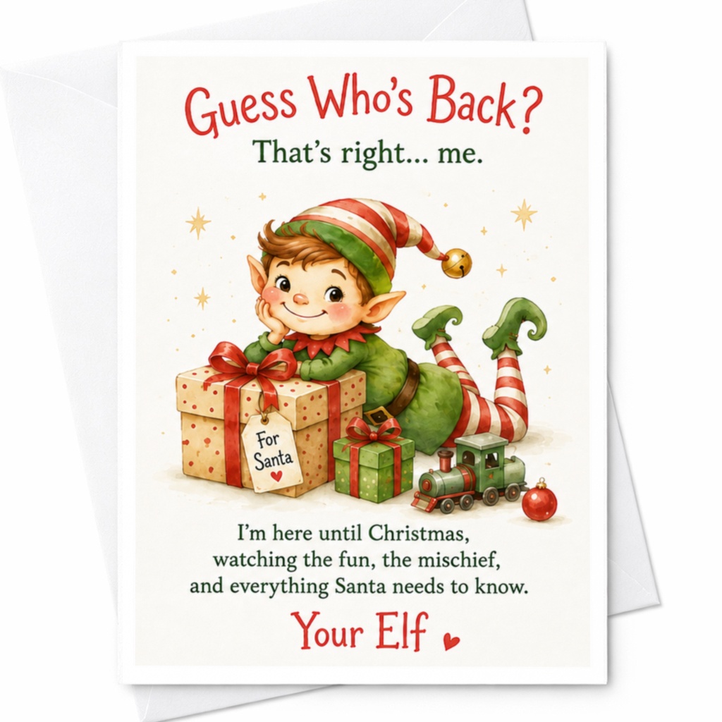 Guess Who's Back? Funny Christmas Card Elf With Gifts Holiday Greeting Card For Santa Mischief Cute Festive Card C4408