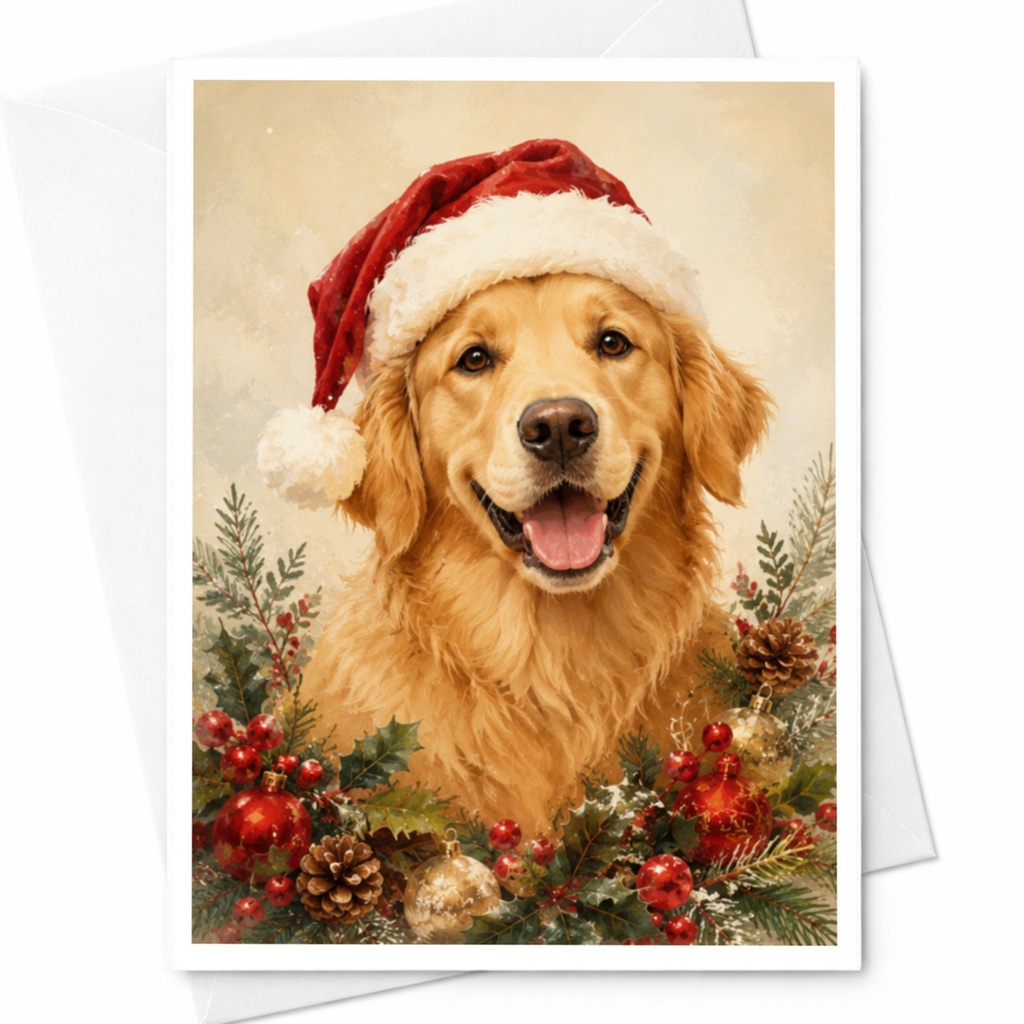 Golden Retriever Christmas Card Cute Dog Holiday Greeting Card With Santa Hat And Wreath Festive Pet Lover Xmas Card C4409