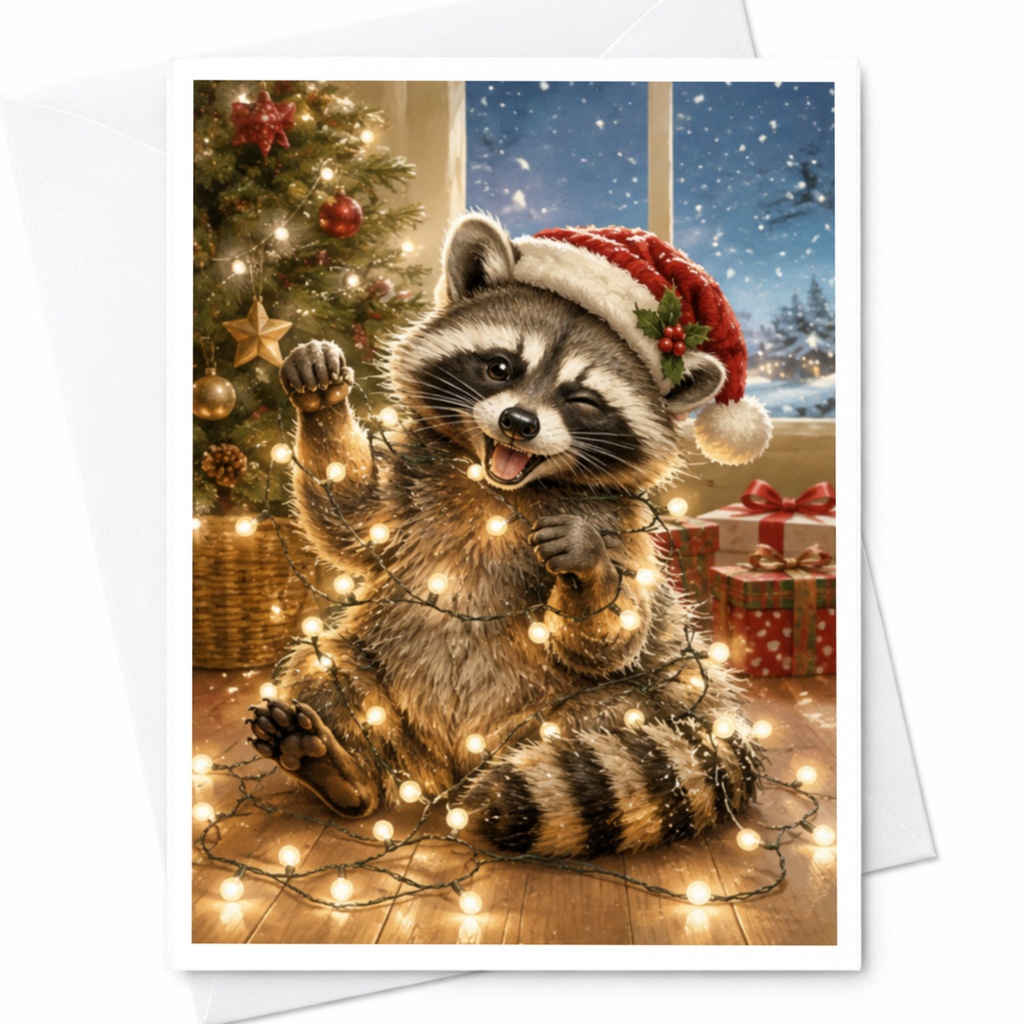 Raccoon Christmas Card Cute Animal Holiday Greeting Card Festive Lights Santa Hat For Family Friends Blank Inside C4398