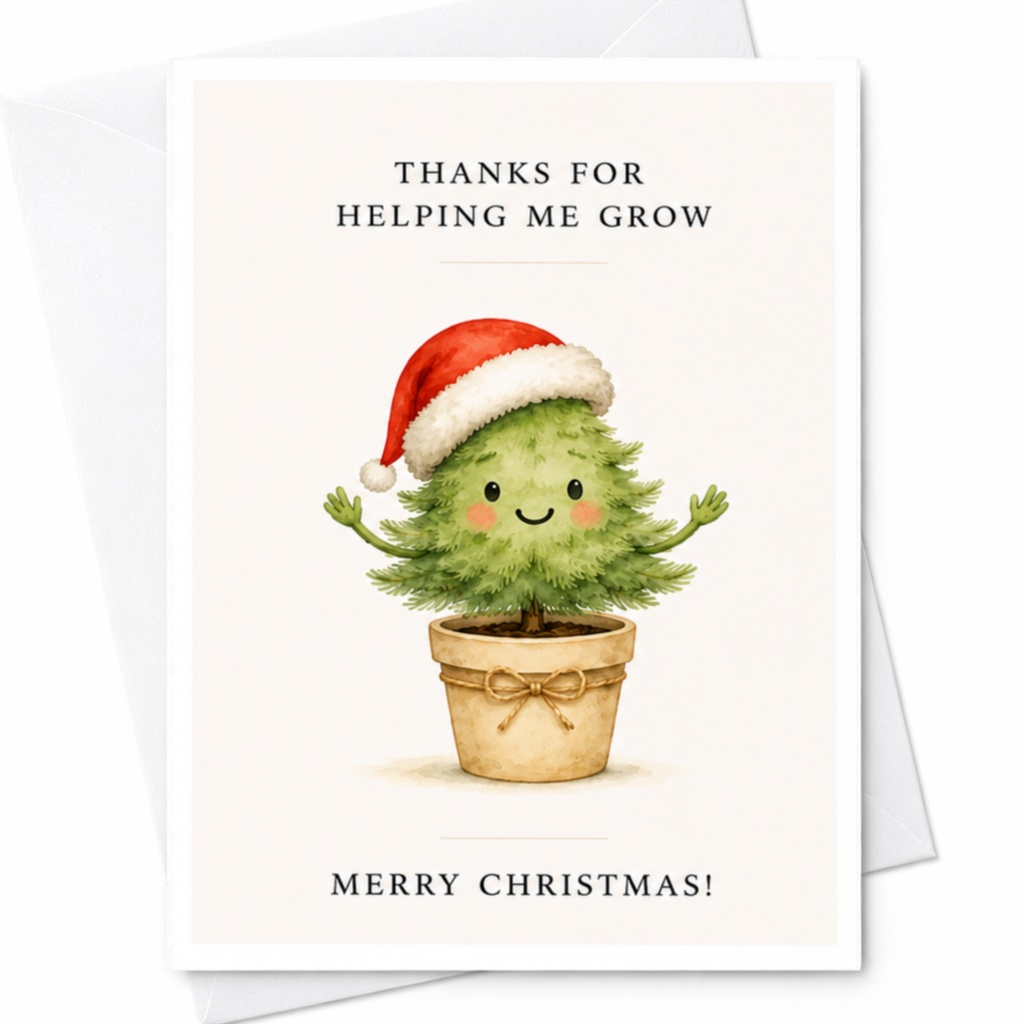 Thanks For Helping Me Grow Merry Christmas! Cute Christmas Card For Teacher Appreciation Holiday Greeting Card Festive Tree C4411