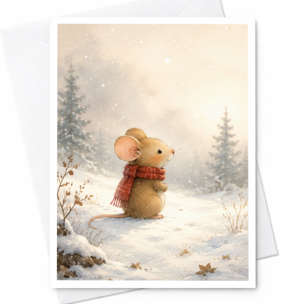 Mouse In Snowy Forest Christmas Card Cute Winter Scene Greeting Card For Teacher Holiday Card Animal Lover C4413