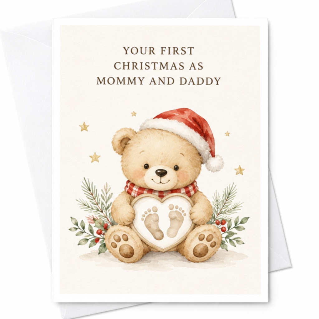Your First Christmas As Mommy And Daddy First Christmas Card New Parents Footprint Teddy Bear Keepsake Holiday Card C4401