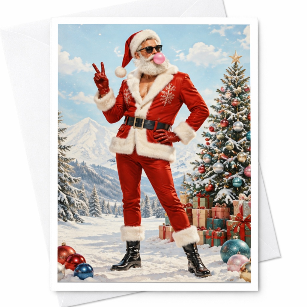 Santa With Bubblegum Christmas Card Funny Holiday Greeting Card For Him Or Her Festive Santa Claus Card With Tree And Gifts C4415