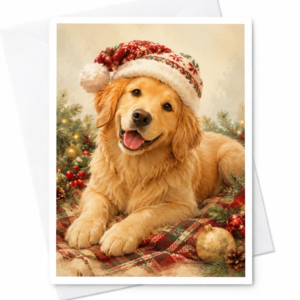 Golden Retriever Christmas Greeting Card Cute Dog Holiday Card With Santa Hat Festive Pet Lover Card Includes Envelopes C4410