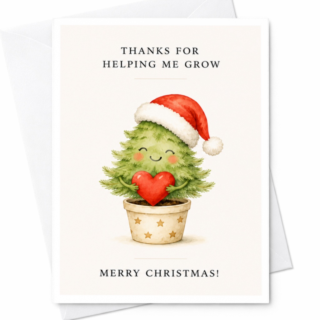 Thanks For Helping Me Grow Merry Christmas! Cute Christmas Card For Teacher Appreciation Holiday Greeting Card With Tree C4412