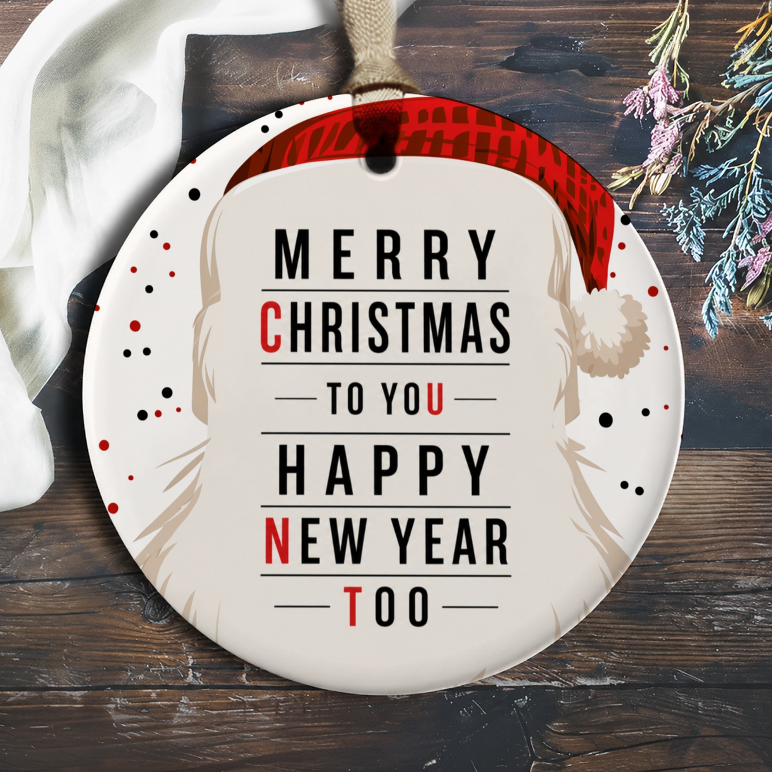 Merry Christmas To You Happy New Year Too Ornament Festive Santa Hat Holiday Decoration Christmas Tree Decor Gift O387