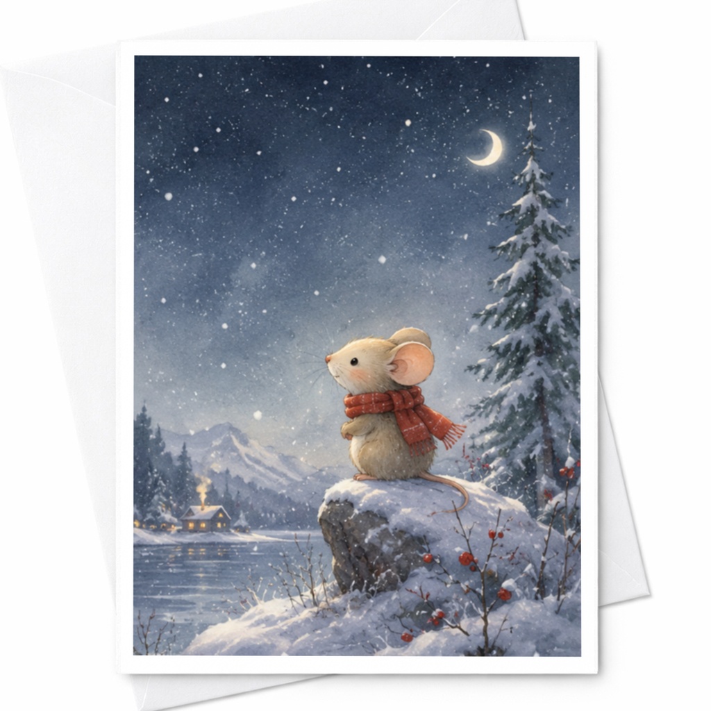 Mouse In Winter Scene Christmas Card Cute Animal Holiday Greeting Card For Teacher Classroom Decoration Snowy Night C4414