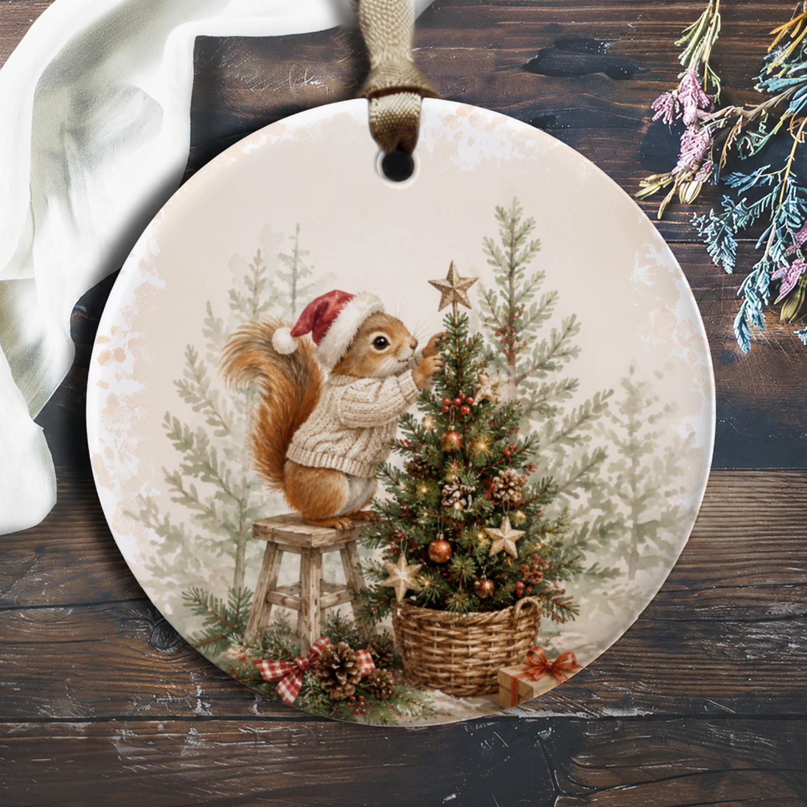 Squirrel Decorating Christmas Tree Ornament Cute Holiday Decor Woodland Animal Christmas Ornament For Tree Festive Winter Decorati O391