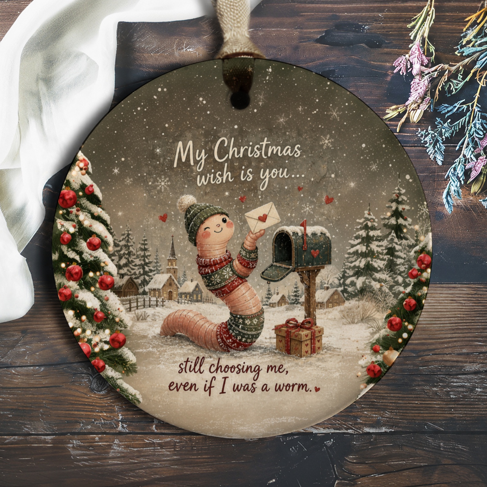 My Christmas Wish Is You Ornament Cute Worm Christmas Ornament Funny Holiday Decor Gift For Her Him Romantic Winter Scene O393
