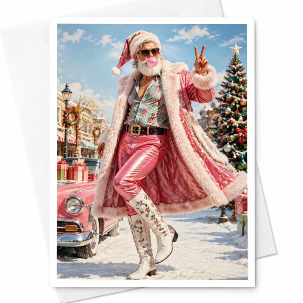Santa In Pink Christmas Card Festive Holiday Greeting Card Funny Santa Claus Card For Him Unique Xmas Card Retro Style C4416