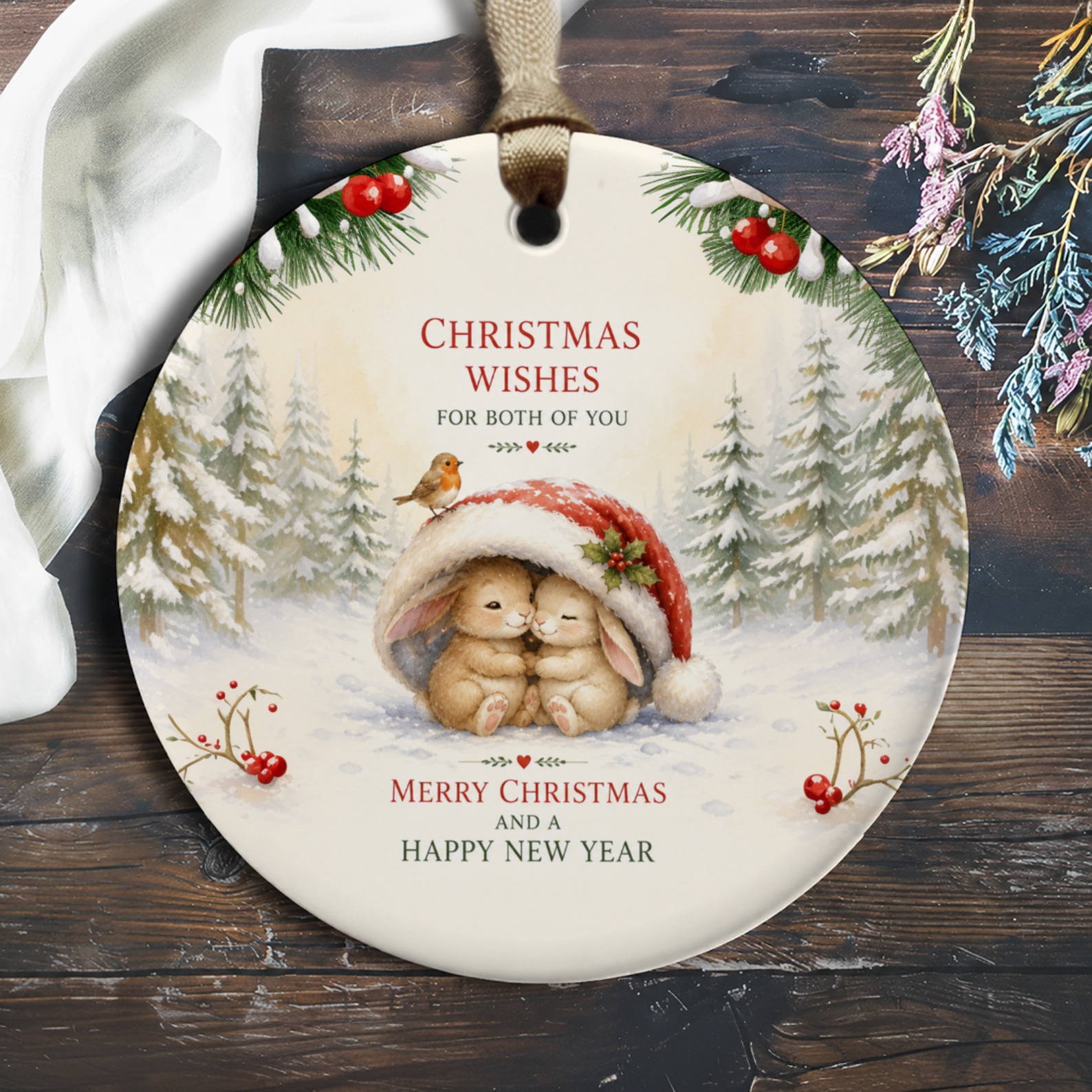 Christmas Wishes For Both Of You Merry Christmas And A Happy New Year Ornament Cute Bunnies Winter Scene Holiday Decor O399