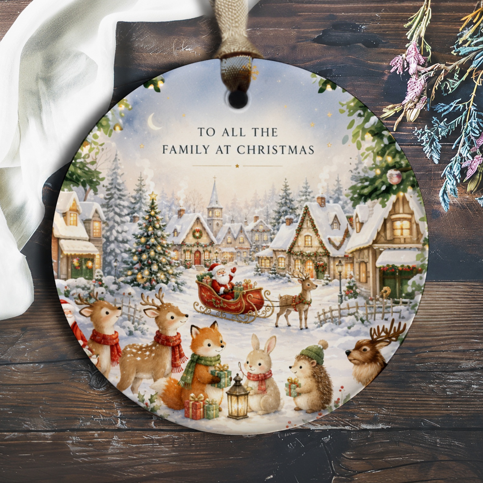 To All The Family At Christmas Ornament Festive Village Scene Santa Reindeer Cute Animals Holiday Decor Christmas Ornament O404