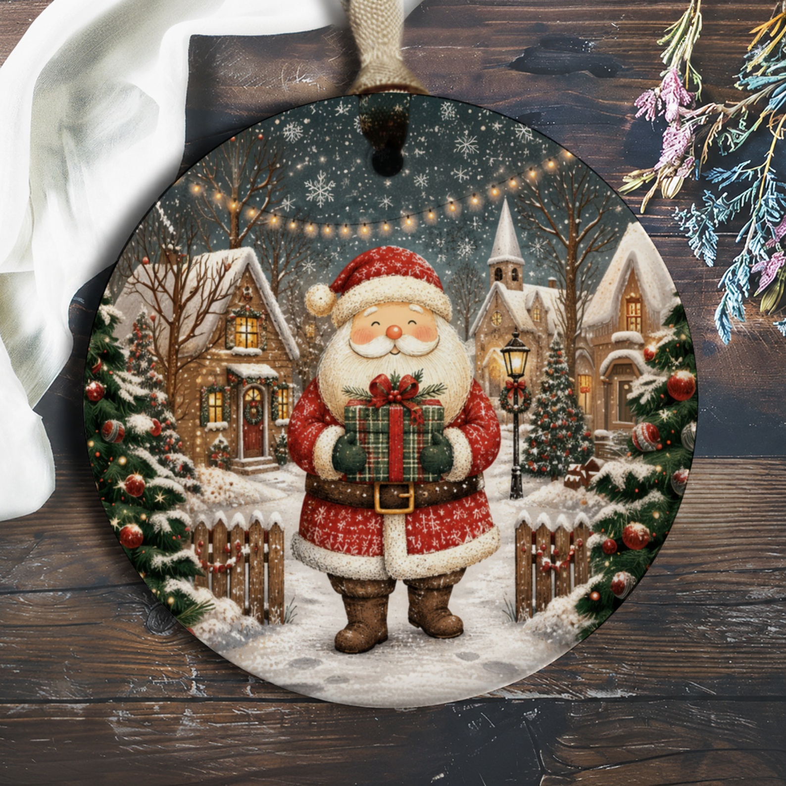 Santa Christmas Ornament Festive Holiday Decor Snowy Village Scene Cute Santa Claus Gift Winter Decoration O407