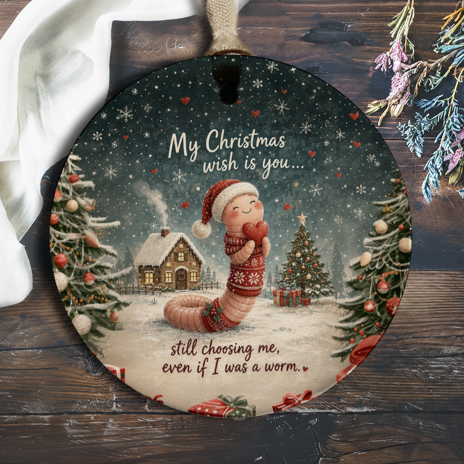 My Christmas Wish Is You Cute Worm Ornament Funny Christmas Ornament Winter Scene Holiday Decor Gift For Her Him O392