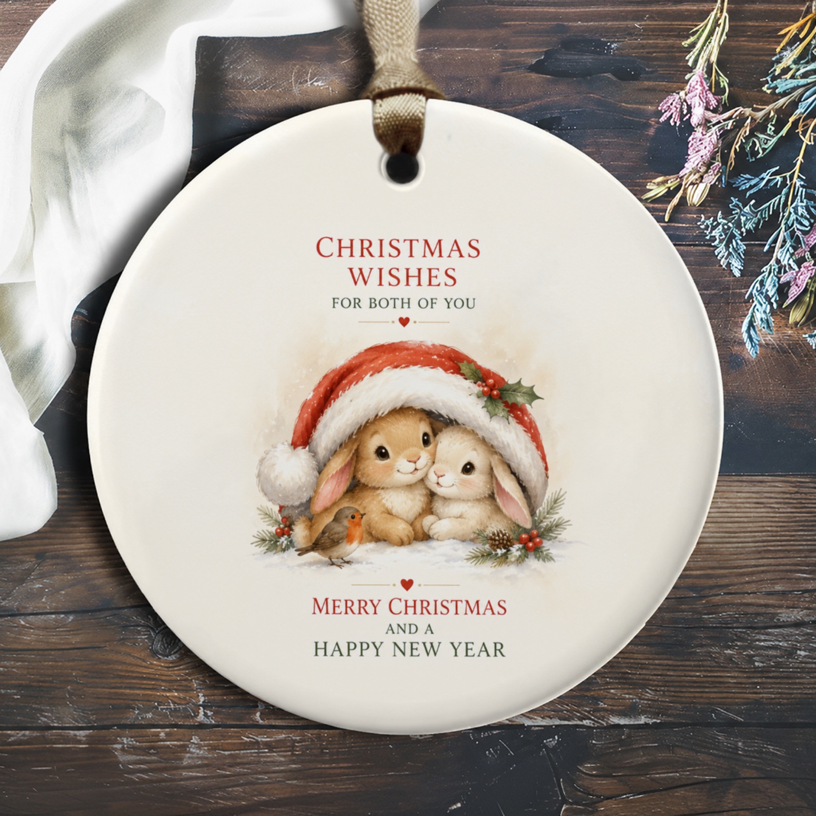 Christmas Wishes For Both Of You Ornament Cute Bunnies Under Santa Hat Christmas Ornament Holiday Decor Gift For Couple O398
