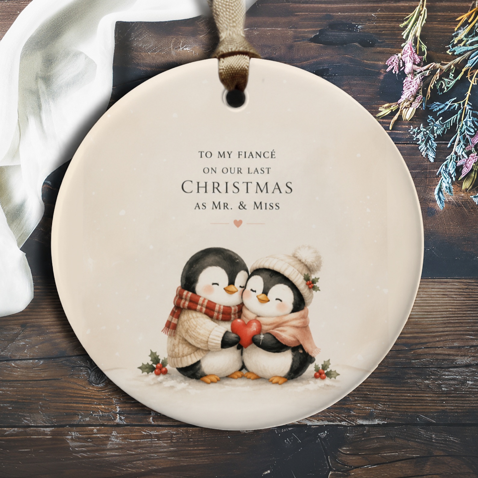 To My Fiancé On Our Last Christmas As Mr. & Miss Ornament Cute Penguin Couple Holiday Decor Engagement Gift O402