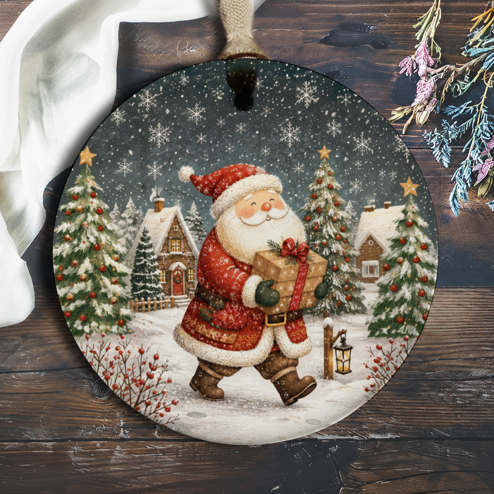 Santa Christmas Ornament Festive Holiday Decor Santa Claus With Gift Snowy Village Scene Christmas Tree Decoration O406