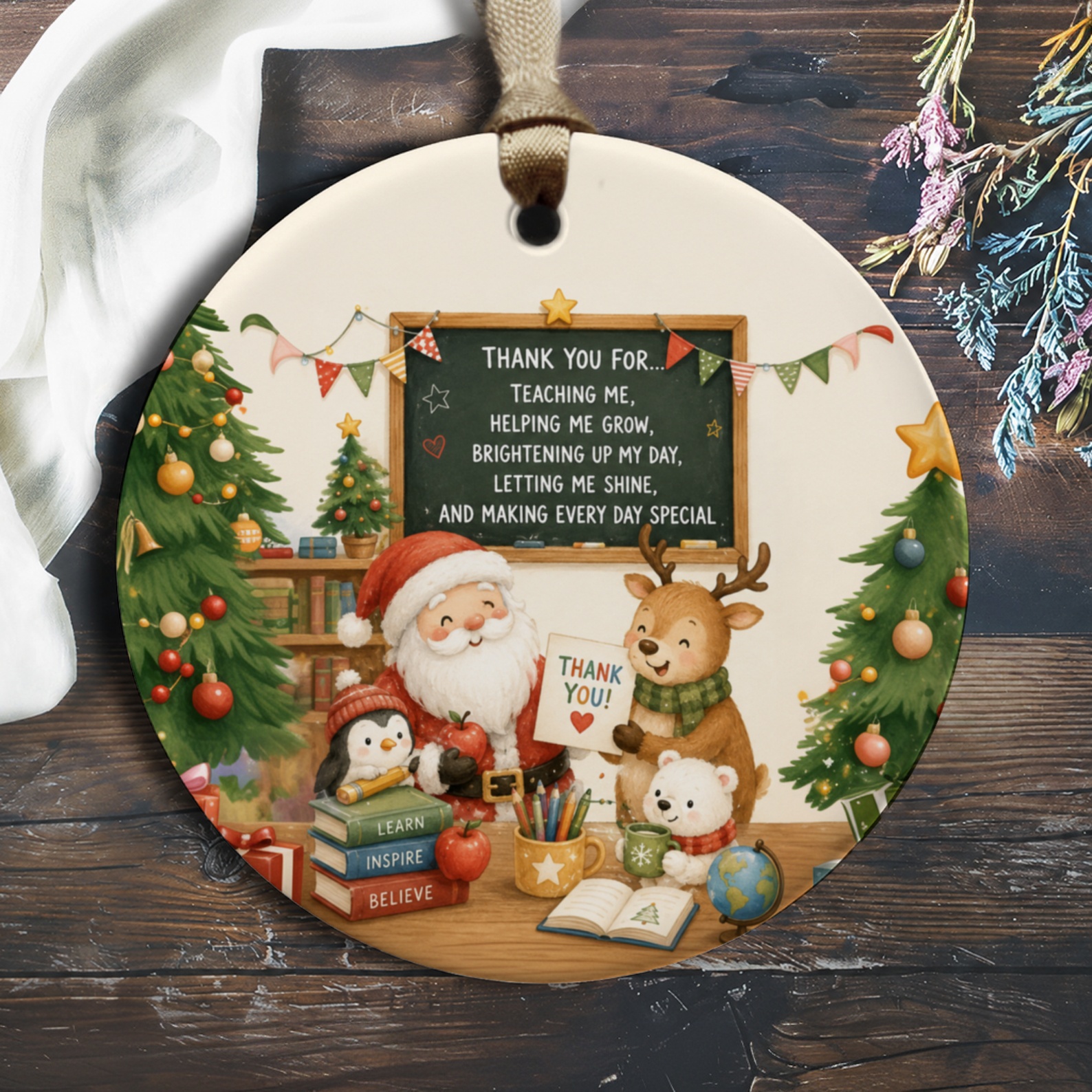 Thank You For Teaching Me Ornament Christmas Santa Reindeer Teacher Appreciation Holiday Decor Cute Festive Gift O414