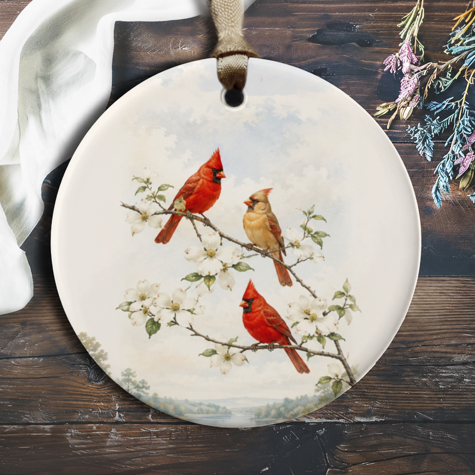 Cardinal Ornament Nature Inspired Decor Bird Lover Gift Floral Branch Art Christmas Tree Decoration Wildlife Ornament O410